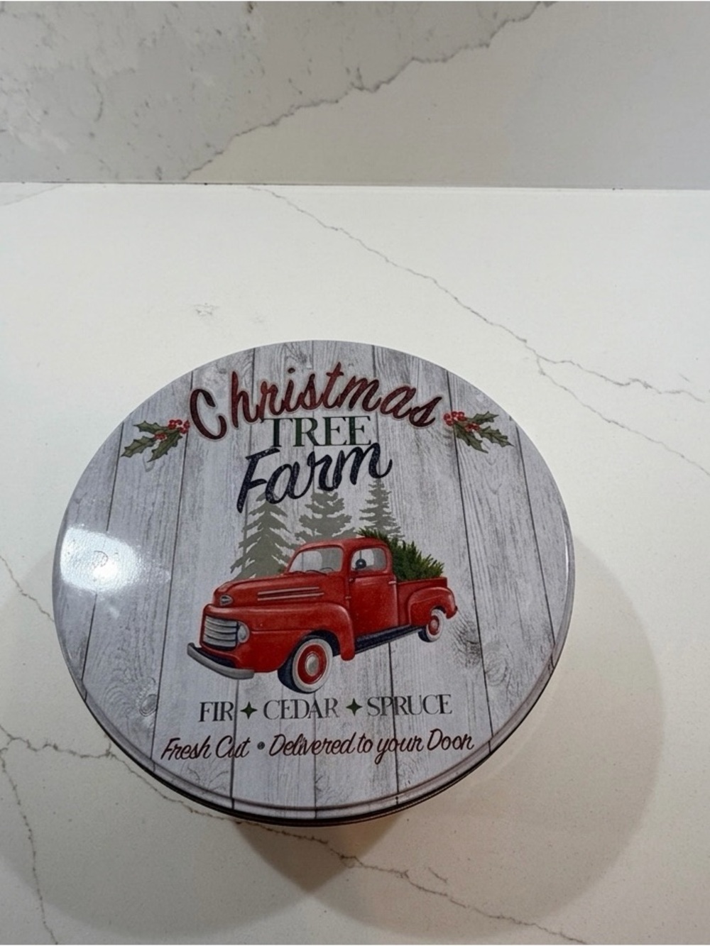 Festive Christmas Tree Farm Round Holiday Cookie Tin